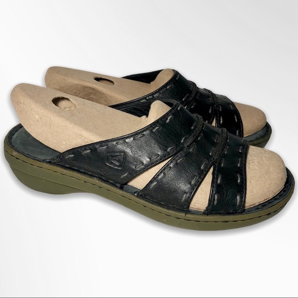 Keen Open Toe Slide Black Leather Sandals - Picture 2 of 10